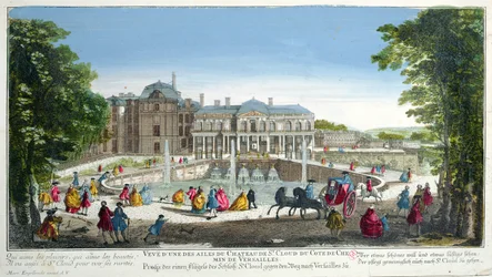 Widok na zamek Saint-Cloud koło Wersalu, połowa XVIII wieku (rycina kolorowa)