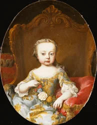 Portret jego siostry, arcyksiężnej Marii Christine, siedzącej, długości trzech czwartych, w niebieskiej, haftowanej złotem sukni, trzymającej wianek z kwiatów,