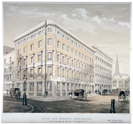 Magazyny panów J&R Morleya, róg Milk Street i Gresham Street, Londyn, c1840
