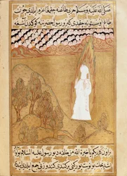 Islam: Przedstawienie proroka Muhammada (Mohammeda lub Muhammada) (570-632) (twarz zakryta) na górze Hira, otrzymującego wizję. Miniatura z poematu epickiego „Siyer-i Nebi” (Siyer i Nebi), opowiadającego o życiu proroka Muhammada, napisanego przez Must