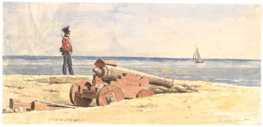 Strażnik i armata na plaży Frederikshavn
