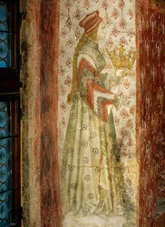 Margarete Maultasch, hrabina Tyrolu, na malowidle ściennym w otworze okiennym łaźni w zamku Runkelstein, Południowy Tyrol ... (malowidło ścienne)
