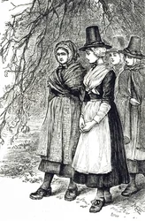 Rycina przedstawiająca walijskie dziewczęta na targach Hollantide, targach pracy, które czekają na zaręczyny jako pomoc domowa. Ilustrowana przez Mary Ellen Edwards (1838-1934) angielską artystkę i ilustratorkę książek dla dzieci