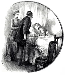 Rycina przedstawiająca lekarza odwiedzającego swojego małego pacjenta w domu. Ilustrowane przez Mary Ellen Edwards (1838-1934), angielską artystkę i płodną ilustratorkę książek dla dzieci