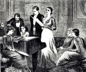 Rycina przedstawiająca wieczór muzyczny. Ilustrowana przez Mary Ellen Edwards (1838-1934) angielską artystkę i ilustratorkę książek dla dzieci