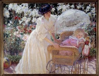 Róża i lilia Matka i jej córeczka w wózku w ogrodzie kwiatowym. Obraz Mary Mac Monnies (1858-1946) 1897 Rouen, Muzeum Sztuk Pięknych