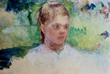 Głowa młodej dziewczyny. Zielone tło. Obraz autorstwa Mary Cassatt (1845-1926). Akwarela.
