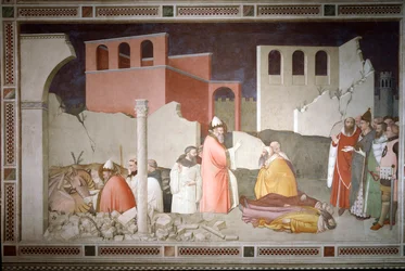 Odcinki sylwestrowe: Papież Święty Sylwester I (Silvester lub Silvestro) (314-335) zamyka paszczę smoka (po lewej) i wskrzesza tchnieniem smoka dwa tarasy magów (Papież Sylwester I odwraca smoka i wskrzesza jego ofiary) - Fre