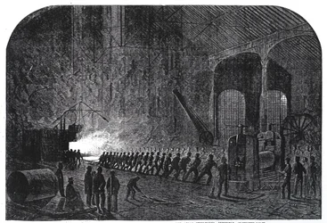 Walcowanie płyt pancernych dla okrętów Jej Królewskiej Mości w hucie Atlas w Sheffield, ilustracja z „The Illustrated London News”, 14 września 1861