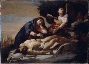 Lament nad ciałem Chrystusa. Obraz Massimo Stanzione (ok. 1585-ok. 1658), olej na płótnie, połowa XVII w., sztuka włoska, sztuka barokowa. Muzeum Historii i Sztuki, Żytomierz (Ukraina)