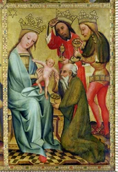 Adoracja Trzech Króli z Ołtarza Głównego św. Piotra w Hamburgu, Ołtarz Grabowera, 1383 (tempera na desce)