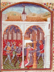 Zamordowanie króla. Miniatura z „Cases of noble men and women unfortunes” (De casibus) Giovanniego Boccaccia, zwanego Jean Boccaccio (1313-1375), włoskiego pisarza, przetłumaczona przez Laurenta de Premierfait i iluminowana przez Mistrza z Dunois (XV wiek