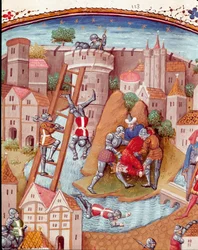 Zdobycie ufortyfikowanego miasta Detal. Miniatura zaczerpnięta z „Przypadków nieszczęsnych szlachetnych mężczyzn i kobiet” (De casibus) Giovanniego Boccaccio powiedział Jean Boccace (1313-1375), włoski pisarz, w tłumaczeniu Laurenta de Premierfait i oświet