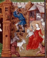 Przedstawienie Adama zbierającego ziemię i Ewy przędzącej wełnę po upolowaniu z ziemskiego Raju. Miniatura zaczerpnięta z „” Des cas des nobles hommes et femmes infortunes”” (De casibus) autorstwa Giovanniego Boccaccio dit Jean Boccace (1313-1375), Włochy