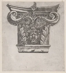 Lustro rzymskiej świetności: Stolica ze zwojami peapodów i głową satyra, ok. 1900 r. 1537., ca. 1537