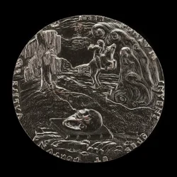 Książka, czaszka, kości i jeździec w krajobrazie [rewers], 1526.