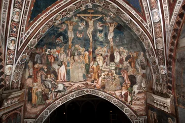 Fresk Ukrzyżowania Mistrza Sacro Speco. 14 wiek. Kościół Superior. Klasztor św Benedeta (Sacro Speco), Subiaco (Rzym), Włochy