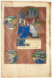Kartka z Księgi Godzin: Ofiarowanie w świątyni z kółkami rzucania losów..., c1460