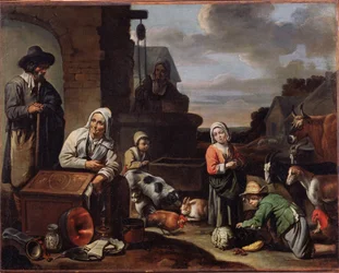 Chłopi przy studni. Obraz mistrza Beginek (poł. XVII w.). Olej na płótnie, 94 x 119 cm, II poł. XVII w. Sztuka francuska, sztuka barokowa. Muzeum Sztuk Pięknych im. Puszkina w Moskwie. © FineArtImage/Leemage