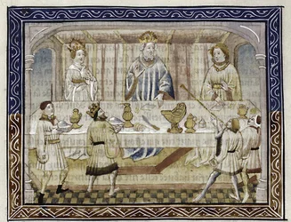 Cezar August, jego żona i syn przy stole Od: Jean Hayton, Kwiat opowieści z krainy Orientu, ok. 1410