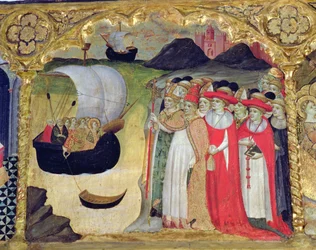 Papież Ciriaco i jego dwór przyjmujący świętą i jej służebnice, z „Predela de Santa Ursula” (tempera na panelu)