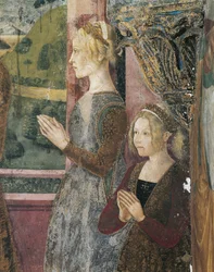 Włochy, region Piemont, prowincja Alessandria, Serralunga di Crea, Sacro Monte di Crea, sanktuarium Santa Maria Assunta, kaplica św. Małgorzaty z Antiochii, fresk przedstawiający Paleologo i Bernardę di Bosse