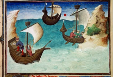 Nawigatorzy na Oceanie Indyjskim zorientowani na gwiazdy i astrolabium. Miniatura w „Księdze cudów świata”, Ms. 2810, folio 188v oświetlone przez Mistrza z Egerton, pisane John (Jehan) de Mandeville (1300? 1382). Około 1410-1412. BN, Paryż