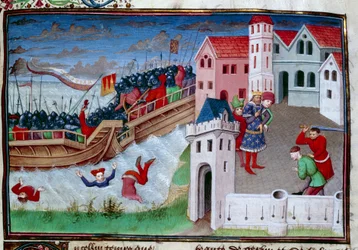 Scena bitwy i ścięcie głowy. Ilustracja do powieści „Dekameron” Giovanniego Boccaccio (Jean Boccace