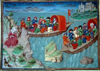 Fryderyk II (1194-1250) Świętego Cesarstwa opuścił Sycylię ze swoją Miniaturową suitą zaczerpniętą z rękopisu w języku francuskim z „Dekameronu” autorstwa Giovanniego Boccaccio dit Jean Boccaccio (1313-1375), włoskiego pisarza, wygłoszonego przez Mistrza M