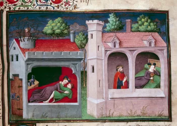 Wspaniała scena: dwie rozmawiające pary. Strona rękopisu w języku francuskim „Dekameronu” autorstwa Giovanniego Boccaccio dit Jean Boccace (1313-1375), włoskiego pisarza, zinlumowanego przez Mistrza Mansel. 1450. Paryż, Biblioteka Arsenału