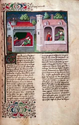 Wspaniała scena: dwie rozmawiające pary. Strona rękopisu w języku francuskim „Dekameronu” autorstwa Giovanniego Boccaccio dit Jean Boccace (1313-1375), włoskiego pisarza, zinlumowanego przez Mistrza Mansel. 1450. Paryż, Biblioteka Arsenału