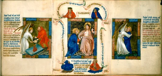 Trzy sceny przedstawiające „Chrystusa przekonującego Tomasza”, „Ofiarę Gideoma” i „Jakub zmagający się z aniołem”, ilustracja z „Biblia Pauperum”