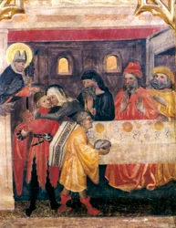 Ołtarz św. Mikołaja, św. Klary i św. Antoniego. Szczegół. Scena z życia św. Mikołaja Tabla con escena de la vida de San Nicolas. Obraz Mistrza OBISPO GALIANY (XIV w.). Z kościoła Sant Nicolas Vell w Porto, P