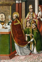 Msza św. Grzegorza Wielkiego - Mistrza z Portillo (czynna 1520-1530) - ok. godz. 1520 - Tempera na panelu - 96,2x66,5 - Muzeum Szepmuveszeti, Budapeszt