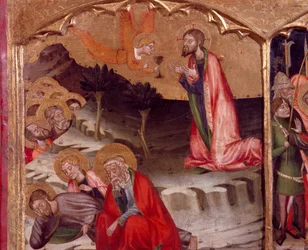 Chrystus w Ogrodzie Oliwnym, anioł trzymający Komunię, autorstwa Mistrza z Rubio (XIV w.), predella ołtarza z kościoła Santa Maria, Rubio, obraz na drewnie.