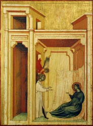 Anioł koronujący waleriana z różami i liliami, fragment ołtarza przedstawiającego Legendę św. Cecylii, ok. 1304 r. Mistrza św. Cecylii (aktywny początek XIV w.), tempera na desce i złoty płatek tłoczony, 85x181 cm