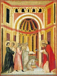Biskup Urban chrzczący Tiburcia, fragment z ołtarza Legendy św. Cecylii, ok. 1304, Mistrza św. Cecylii (czynny początek XIV w.), tempera na desce i tłoczony złoty płatek, 85x181 cm