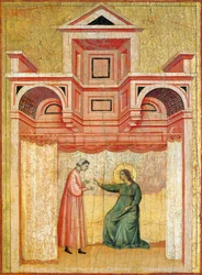 Cecylia namawiająca męża Waleriana do chrztu, fragment ołtarza przedstawiającego Legendę o św. Cecylii, ok. 1304 r., autorstwa mistrza św. Cecylii (aktywny początek XIV w.), tempera na desce i tłoczony złoty płatek, 85x181 cm