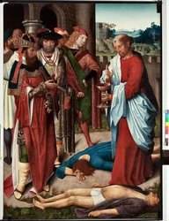 Odcinek z życia św. Jana Ewangelisty: „Cud kielicha trucizny” (Życie św. Jana Ewangelisty, św. Jan pije kielich trucizny) Obraz mistrza San Giovanni ewangelista (św. Jan Ewangelista) (koniec XV wieku) wym. 120x90 cm Gen