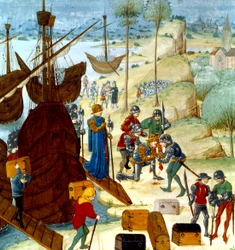 Król Edward III przybywający do Saint Vaast La Hogue 12 lipca 1346, ilustracja z Chroniques dAngleterre