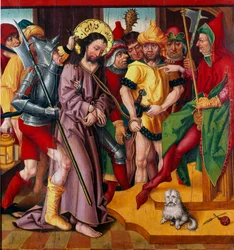 Jezus przed Herodem Antypasem. Tablica ołtarza Męki Pańskiej Mistrza Goździka z Badenii (XV wiek), Dijon, Muzeum Sztuk Pięknych