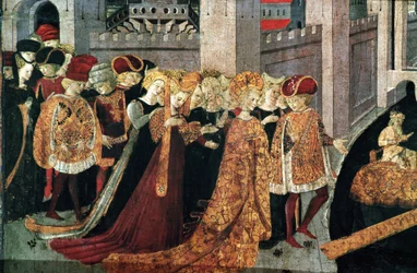 Decameron de Boccaccio (Jean Boccaccio): kasztelan Pericone wita Alatiel, córkę sułtana Babilonu Beminedab i jej apartament na wyspie Majorka (Pericone da Visalgo wita Alatiel, córkę Beminedaba, sułtana Babilonu, na cześć