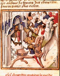 Reprezentacja Kadmosa, założyciela miasta Teb w starożytnej Grecji. Miniatura Mistrza Czempionki Dam (XV w.) z rękopisu „Des hommes illustres” Giovanniego Boccaccio (Jean Boccaccio) (1313-1375). XV wiek. Carpe