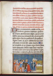 Cotton Tiberius B. VIII f.47v Król zdejmuje wierzchnie szaty, ilustracja z „Księgi koronacyjnej Karola V, króla Francji”