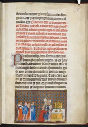 Cotton Tiberius B. VIII f. 49r Król składa miecz na ołtarzu, ilustracja z Księgi koronacyjnej Karola V, króla Francji