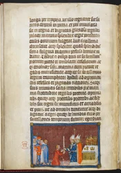 Cotton Tiberius B. VIII f. 49v Arcybiskup Reims zwraca miecz królowi, ilustracja z Księgi koronacyjnej Karola V, króla Francji