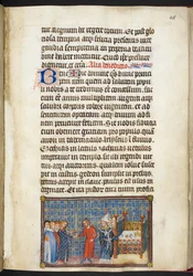 Cotton Tiberius B. VIII f.50r Król przekazuje miecz seneszalowi (księciu Andegawenii), z „Księgi koronacyjnej Karola V, króla Francji”