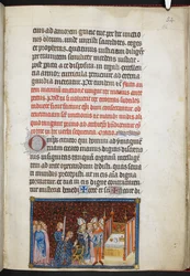Cotton Tiberius B. VIII f.56r Arcybiskup Reims błogosławi rękawice króla, z „Księgi koronacyjnej Karola V, króla Francji”