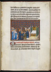 Cotton Tiberius B. VIII f.58r Król otrzymuje berło i laskę („Main de la Justice”), z „Księgi koronacyjnej Karola V, króla Francji”