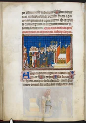 Cotton Tiberius B. VIII f.59v, Parowie Francji podtrzymują koronę, ilustracja z „Księgi koronacyjnej Karola V, króla Francji”